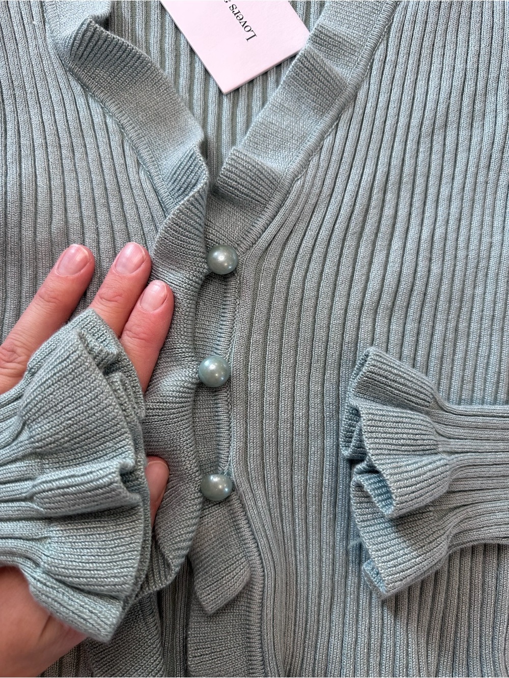 Lovers + Friends Light Blue Ruffle-Trim Ribbed Cardigan - Picture 3 of 5